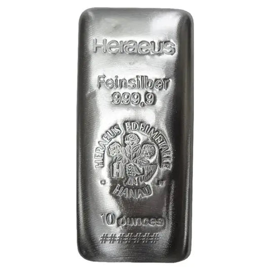 10oz Heraeus Silver Bar, a reliable investment choice from a reputable mint.