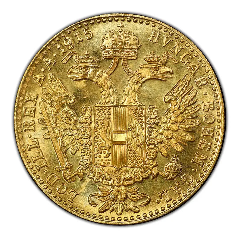 1915 Austrian Ducat Restrike gold coin featuring the image of a Habsburg ruler on one side and the Austrian double-headed eagle on the reverse.