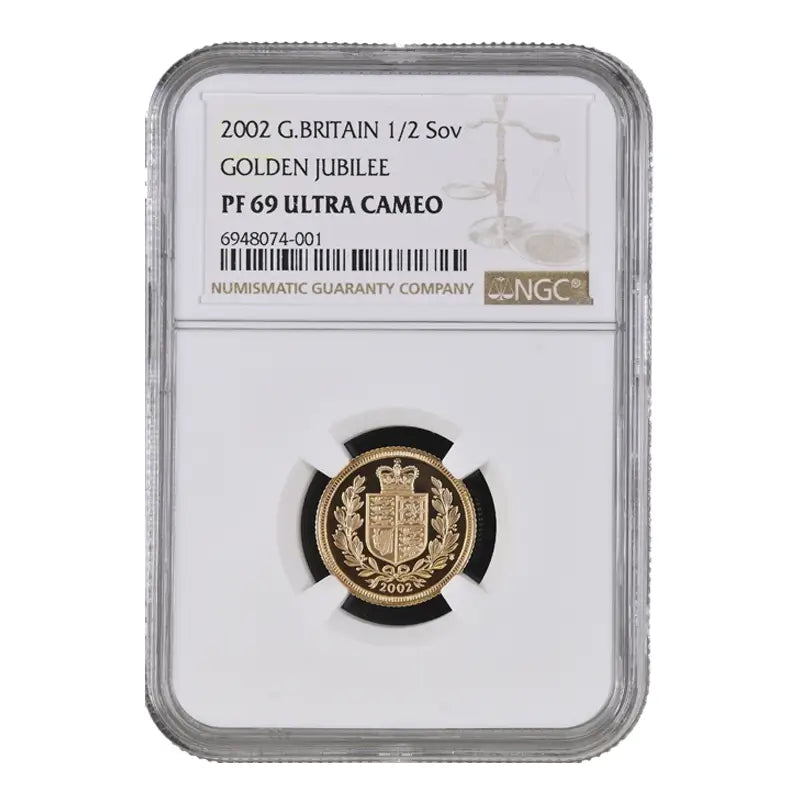 2002 Gold Proof Half Sovereign NGC PF69 Ultra Cameo with Shield of the Royal Arms design.