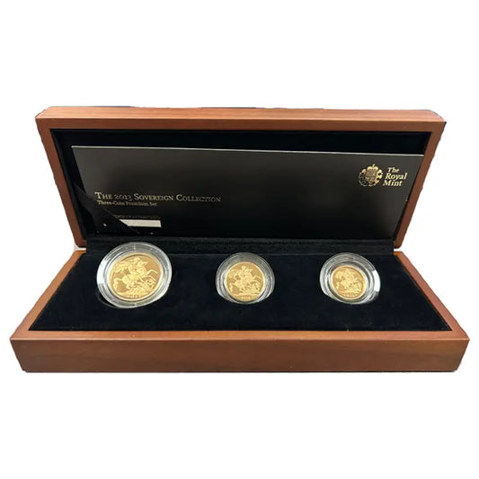 2013 Gold Proof Sovereign Premium 3-Coin Set featuring Double, Full, and Half Sovereign in a presentation case.