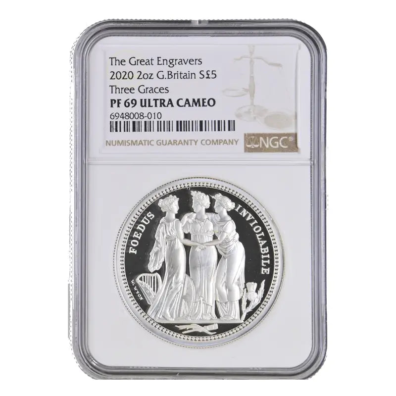 2020 The Great Engravers 2oz Silver Proof Three Graces coin, graded NGC PF69 Ultra Cameo, featuring William Wyon’s iconic design.