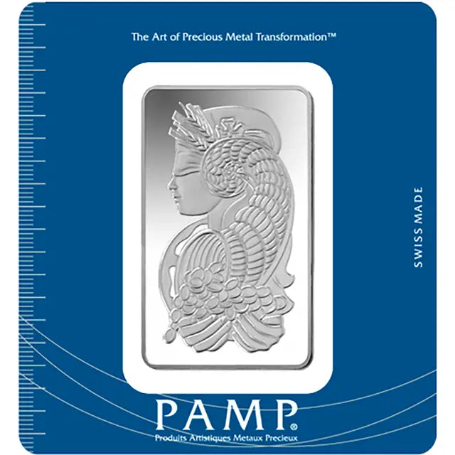 50g PAMP Suisse Lady Fortuna Silver Bar featuring the iconic Lady Fortuna design, encapsulated for protection and investment.