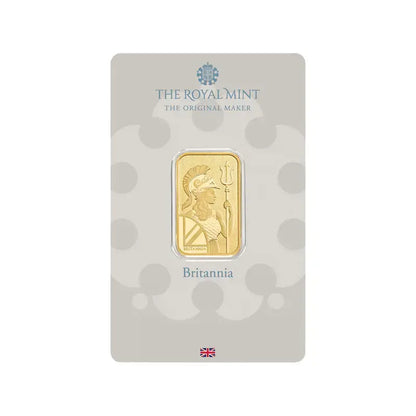 10g Royal Mint Gold Bar, 999.9 fine gold, showcasing the Royal Mint logo and bar dimensions.