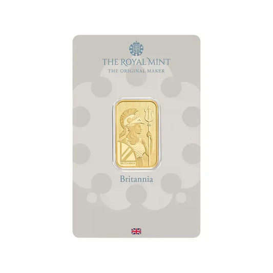 10g Royal Mint Gold Bar, 999.9 fine gold, showcasing the Royal Mint logo and bar dimensions.