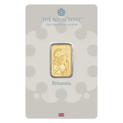 The Royal Mint Britannia 5g Gold Bar, 999.9 fine gold, featuring the classic Britannia design.